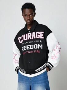 ROMWE MEN Street Life Chaqueta de béisbol de forro polar con bloqueo de color y bordado de letras, estilo casual para hombres en otoño/invierno - Multicolor - Ver 4