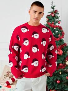 Manfinity VCAY 1pc Christmas Style Casual Cartoon Pattern Knit Sweater, Autumn/Winter - Red - View 1