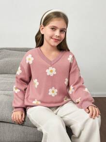 Jersey de punto con cuello en V y diseño floral intarsia informal para niñas preadolescentes