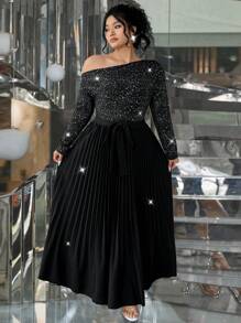 SHEIN Unity Plus Size Women's Party Sparkly Pleated Skirt Hem Asymmetrical Shoulder Dress Maxi Women Outfit