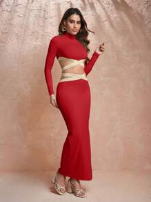 Keraye London Soft Lux Collection 设计师针织高领紧身优雅红色连衣裙，适合节日、派对前夜、生日服装、节日、婚礼、舞会礼服 - 紅色 - 查看 5