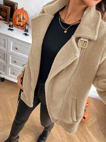 SHEIN LUNE 女士秋冬厚款保暖内衬摩托车夹克，勃艮第红色 - 駝色 - 查看 4