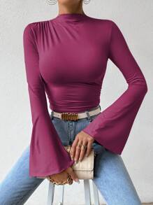RosyDaze Elegant Solid Color Flared Sleeve Ruched Bodysuit, Autumn Fall Cloth For Women - Red Violet - View 6