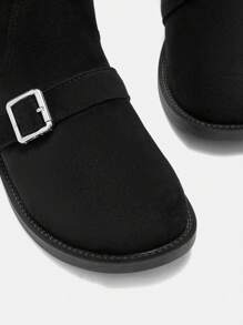 CUCCOO BIZCHIC Botas negro de media pantorrilla con detalles de botones rizado, botas de mujer estilo caballero, plataforma de tacón plano de tacón grueso, botas de motociclista