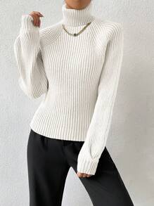 SHEIN Jersey de cuello alto de manga raglán con punto acanalado, parte superior de manga larga de punto, jersey de punto para otoño e invierno - Blanco - Ver 4