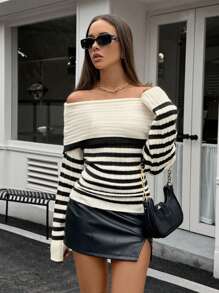 SHEIN Unity Women's Striped Foldover Off Shoulder Long Sleeve Knit Sweater Knit Pullover Fall Winter - Black and White - View 6
