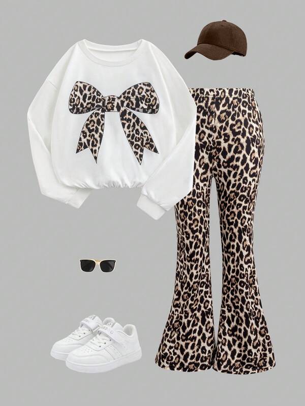 Wildeya 2pcs/Set Tween Girl Leopard Print Bow Decor Sweatshirt & Flare Pants Suit, Versatile, Suitable For Autumn & Winter