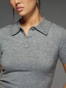 MISSGUIDED Cropped Knitted Polo Sweater Short Sleeve Ribbed Collared Top Classic Casual Y2K Summer Spring Fashion - Dark Grey - View 3
