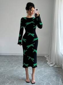Selianne 女士动物豹纹印花圆领喇叭袖紧身毛衣连衣裙 - 綠色 - 查看 3