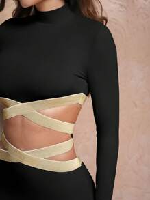 Keraye London Soft Lux Collection Váy đen thanh lịch cổ lọ dệt kim thiết kế, cho ngày lễ, đêm tiệc, trang phục hòa nhạc sinh nhật, lễ hội, trang phục lễ hội rave, đám cưới, váy dạ hội - màu đen - Xem 3