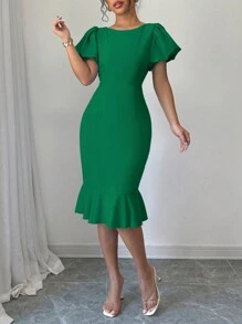 Selianne Elegant Solid Color Petal Sleeve With Ruffle Hem Bodycon Dress - Green - View 6