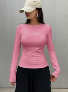 DAZY 女士纯色圆领粉色长袖简约T恤，休闲日常穿着，秋季学院风上衣，保暖内衬，冬季 - 玫紅色 - 查看 2