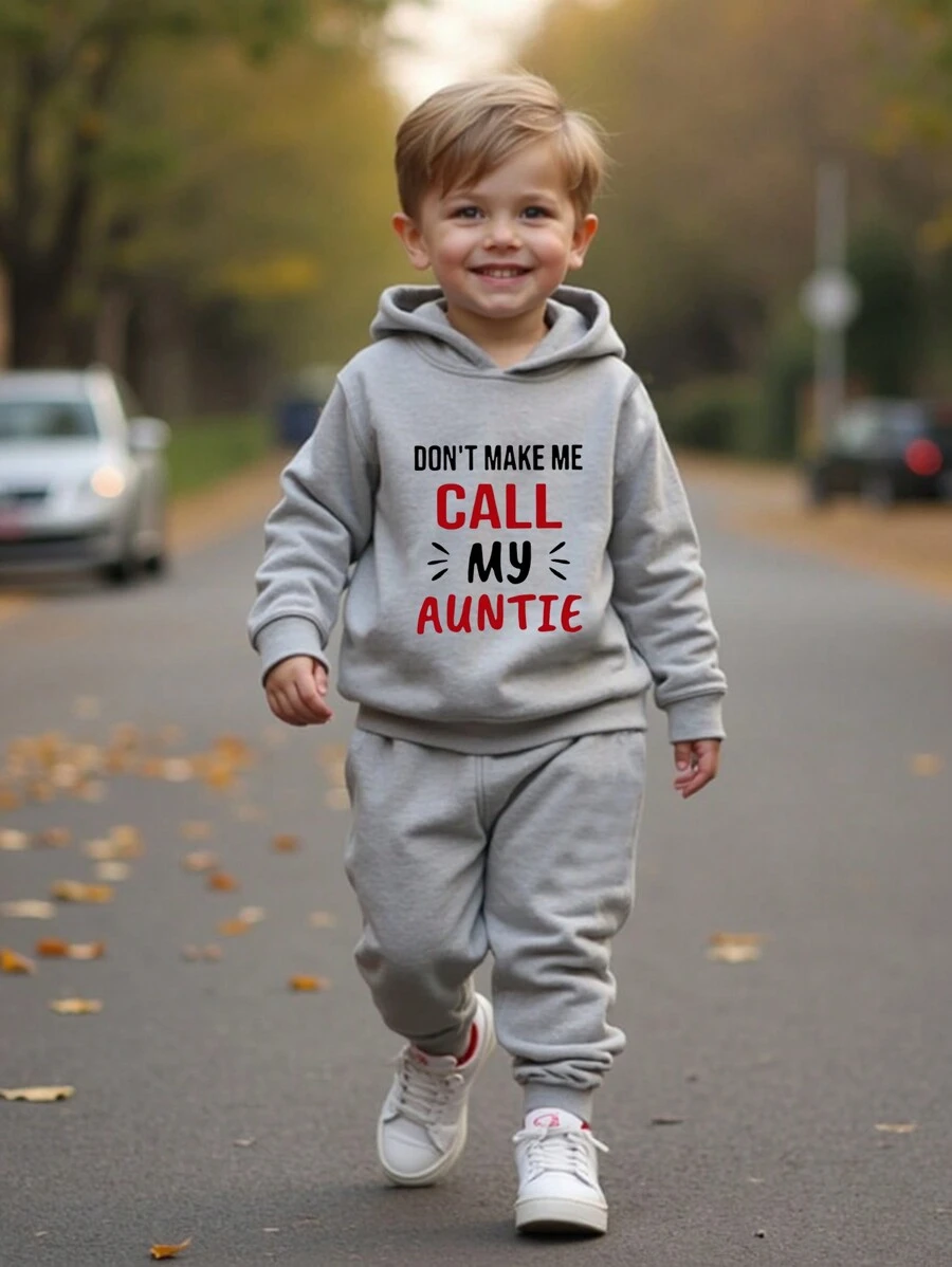 Bộ áo nỉ dài tay có mũ trùm đầu có khẩu hiệu tiếng Anh của cậu bé - Xám - Xem 1