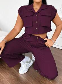 Flirla 2pcs/Set Sleeveless Loose Multi-Pocket Shirt & Casual Cargo Pants Set - Purple - View 5