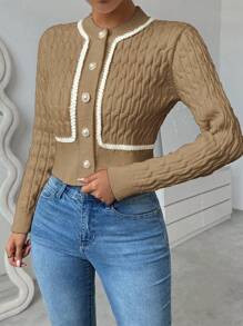 SHEIN Unity Women's Long Sleeve Twisted Cable Knit Trim Cropped Cardigan, For Autumn/Winter - Khaki - View 5