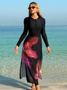 Swim Shayni 2024 适度布基尼 3 件套，长袖上衣，长裤，莲花裹身裙，保守泳衣夏季阿拉伯服装 - 黑色 - 查看 2