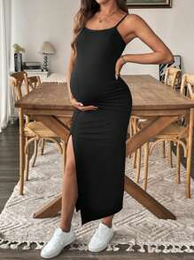 SHEIN 孕妇纯色黑色细肩带开衩简约休闲长款连衣裙