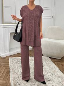 SHEIN Cottnline 女士纯色纹理针织背心和毛衣裤套装 - 藕粉色 - 查看 2