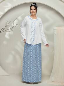 Graceveil Baju Kebaya Outfit: Contrast Color Lace Embroidered Long Sleeve Blouse And Full Print Skirt Set Modest - White - View 6