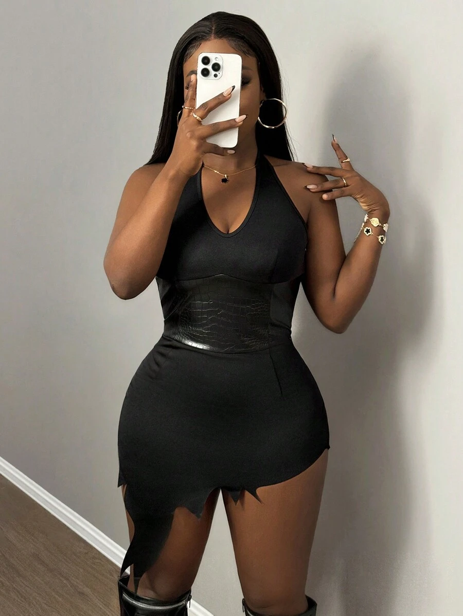 Slaydiva 全新性感日常约会吊带 V 领腰部 PU 拼接不对称下摆超迷你连衣裙露背女式迷你连衣裙-F - 黑色 - 查看 1