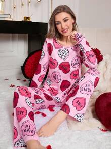 Digitaltryckt pyjamasset med hjärtmönster, 140 g, 100 % mjölksiden, för damer, med enkelriktat tryck och positioneringsskärning, för alla hjärtans dag, höst- och vinterkläder - Multifärgad - Visa 5
