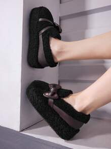 Sugerpunk 黑色乐福鞋一脚蹬软底玛丽珍小皮鞋配蝴蝶结皮带扣朋克哥特毛绒女式厚底平底鞋新年假期 - 黑色 - 查看 3