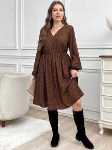 SHEIN LUNE 女士 V 领长袖褶皱休闲短裙感恩节服装女士新年女装冬季连衣裙冬季服装女士狂欢服装 - 彩色 - 查看 4