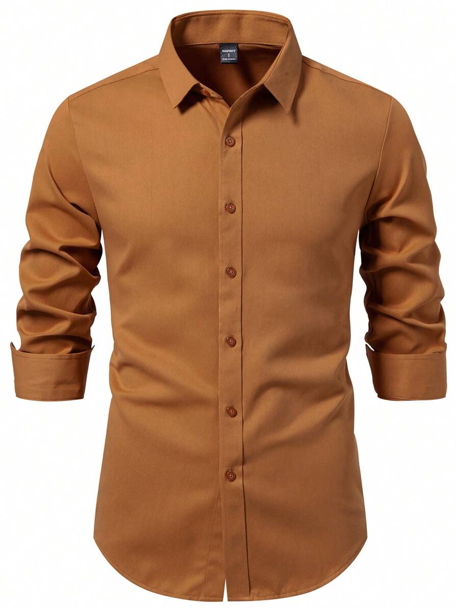 Manfinity Mode Áo sơ mi nam tay dài công sở đơn hàng khuy trơn màu, thời trang mùa thu, dành cho mùa thu - màu nâu - Xem 1