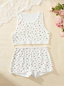 Bộ 2 chiếc/Bộ áo ba lỗ hở vai cổ tròn in họa tiết hoa cho bé gái tuổi teen Bộ đồ lót thường ngày - Nhiều màu - Xem 1
