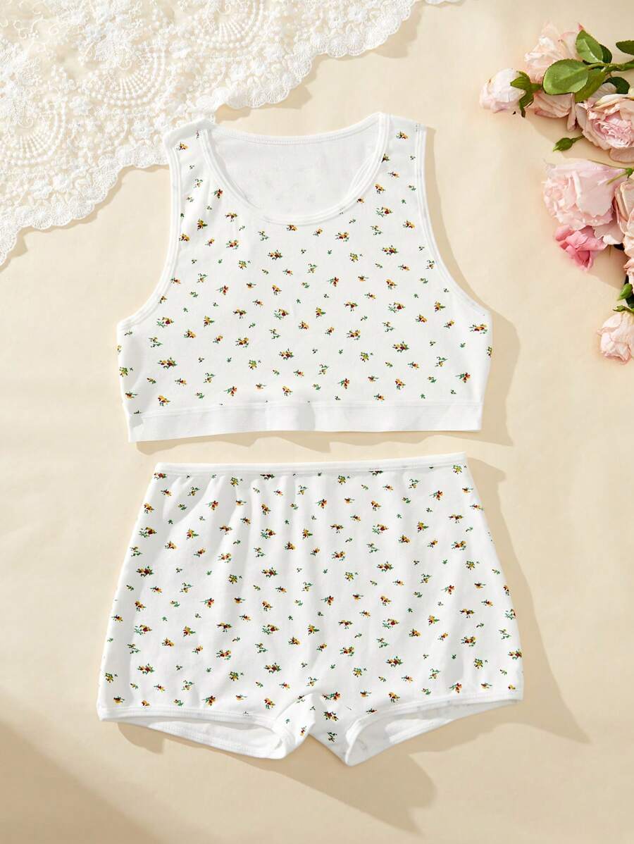 Bộ 2 chiếc/Bộ áo ba lỗ hở vai cổ tròn in họa tiết hoa cho bé gái tuổi teen Bộ đồ lót thường ngày - Nhiều màu - Xem 1