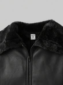 Ontre 青少年女孩宽松休闲 PU 皮革和毛绒领夹克 - 黑色 - 查看 8