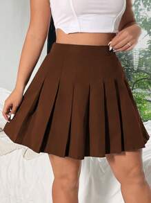 Sunnyshic Plus Size Women Solid Color High Waist Pleated Mini Skirt - Brown - View 3