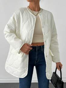 EURMUSE Women's Solid Color Pocket Round Neck Simple Fashionable Casual Daily Jacket, Winter - Cream - View 3