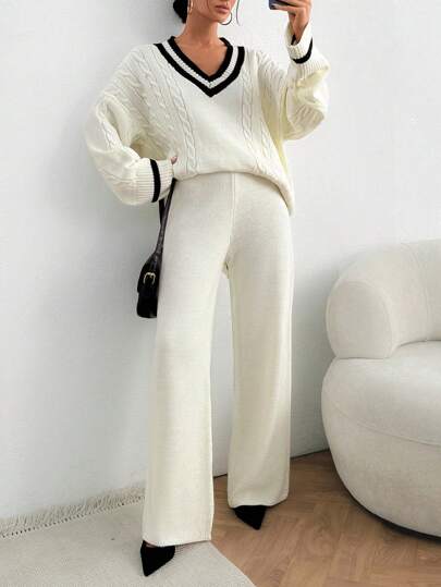 EURMUSE 2pcs Women Sets Korean Style Fluffy V-Neck Sweater & Wide-Leg Pants Thick Knitted, Autumn/Winter