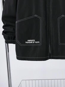 SHEIN Teen Boys' Stand Collar Black Zip Pocket Padded Warm Jacket, Contrast Tape Decor, Casual Street Fashion, Autumn/Winter