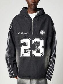 ROMWE MEN Prep Chaqueta casual de mezclilla con cremallera frontal, manga larga y estampado de números para hombres - Negro - Ver 5