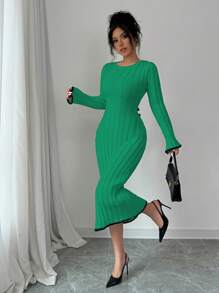 Elenzga Women's Solid Color Round Neck Long Sleeve Casual Backless Tie Knit Sweater Dress - Green - View 2