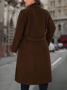EMERY ROSE 大码女式冬季纯色缺口翻领长袖双排扣口袋优雅羊毛冬季女式大衣 - 咖啡棕 - 查看 6
