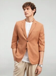 Manfinity VCAY Nueva chaqueta de traje de negocios casual ajustado de manga tres cuartos para hombres, tejido, adecuada para usar diariamente en primavera y verano.