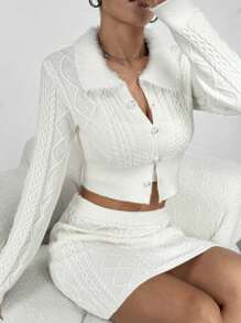 Flirla Áo len cardigan bện thanh lịch và thon gọn có nút và cổ, bộ váy ngắn bó sát Y2K Outfit - trắng - Xem 5