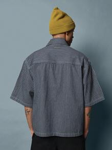 SUMWON Boxy Fit Denim Stripe Half Zip Short Sleeve Shirt - Blue - View 3