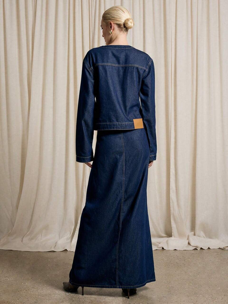 AiiRZ Raw Denim Jacket And Button Up Maxi Skirt Set