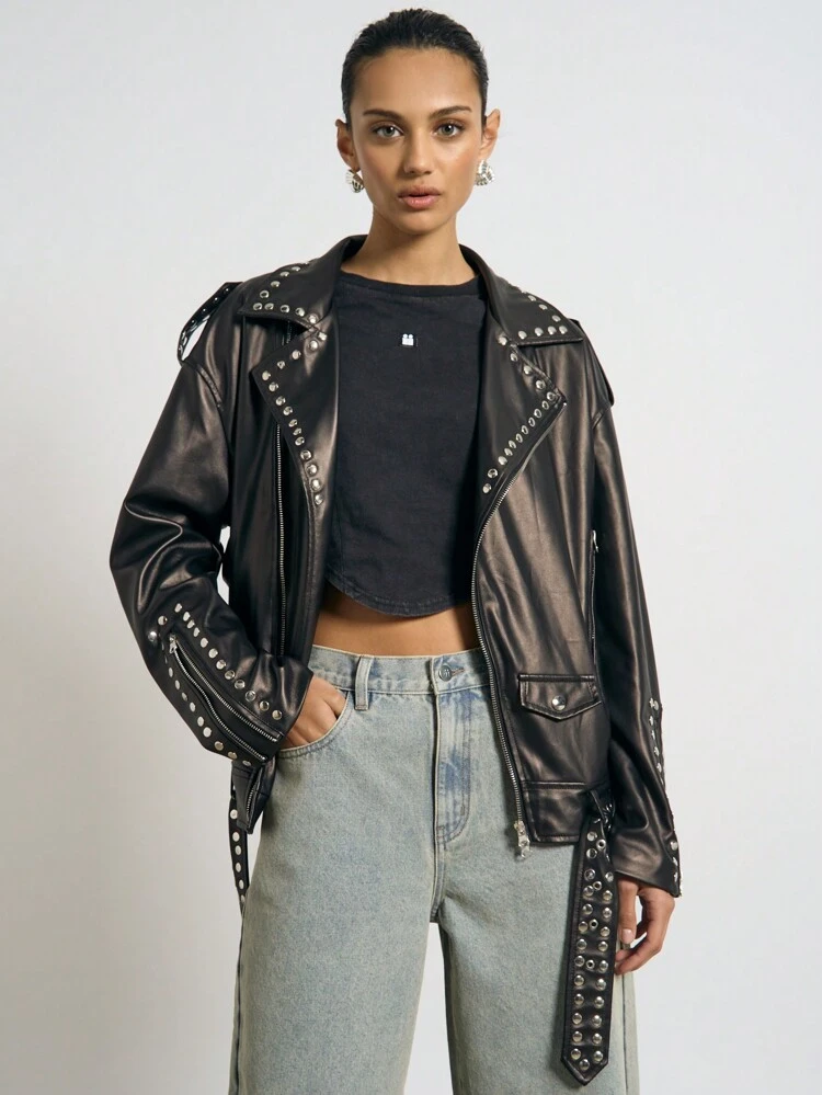 AiiRZ Studded Biker Motorcycle Crystal Cross Back Jacket Premium Fall Winter Rock Style Heavy Metal Punk Alternative Fashion Outerwear