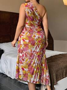 SHEIN Privé 大码女式热带印花镂空腰褶皱连衣裙，优雅休闲、度假、海滩、夏季 - 黃色 - 查看 3