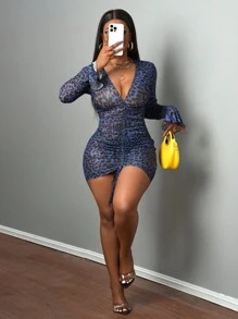 Slaydiva Women's Leopard Print Deep V-Neck Bell Sleeve Sexy Mini Dress