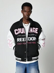 ROMWE MEN Street Life Chaqueta de béisbol de forro polar con bloqueo de color y bordado de letras, estilo casual para hombres en otoño/invierno - Multicolor - Ver 3