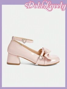 Dola Lovely Round Toe Slingback Bow Decor Thick Heels Pumps, Fashion Women High Heel Shoes Valentine's Day - Pink - View 2