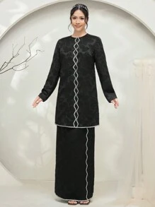 Graceveil Baju Kurung Women's Jacquard Knit Black Contrast Ruffle Trim Long Sleeve Sweater Modest