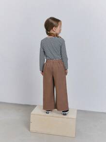 年轻女孩休闲百搭日常百搭纽扣前部细节松紧腰部原始下摆阔腿牛仔裤 - 卡其色 - 查看 2