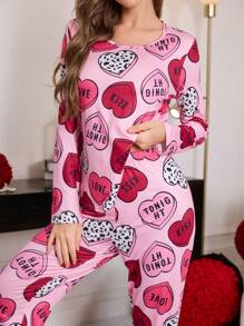 Digitaltryckt pyjamasset med hjärtmönster, 140 g, 100 % mjölksiden, för damer, med enkelriktat tryck och positioneringsskärning, för alla hjärtans dag, höst- och vinterkläder - Multifärgad - Visa 4